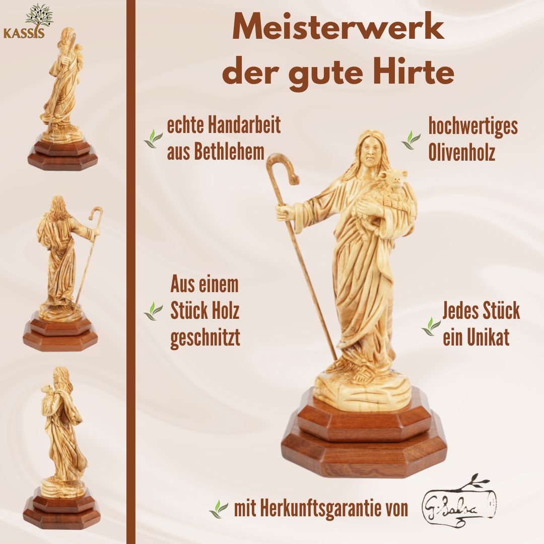 The Good Shepherd in olive wood โ Hand-carved Jesus figure with lamb (26.5 cm)