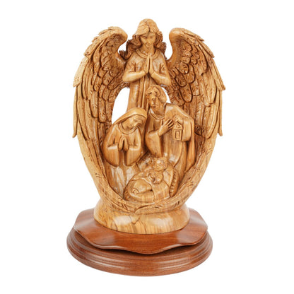 Hand-carved nativity scene with angel – olive wood sculpture from Bethlehem (30 cm)