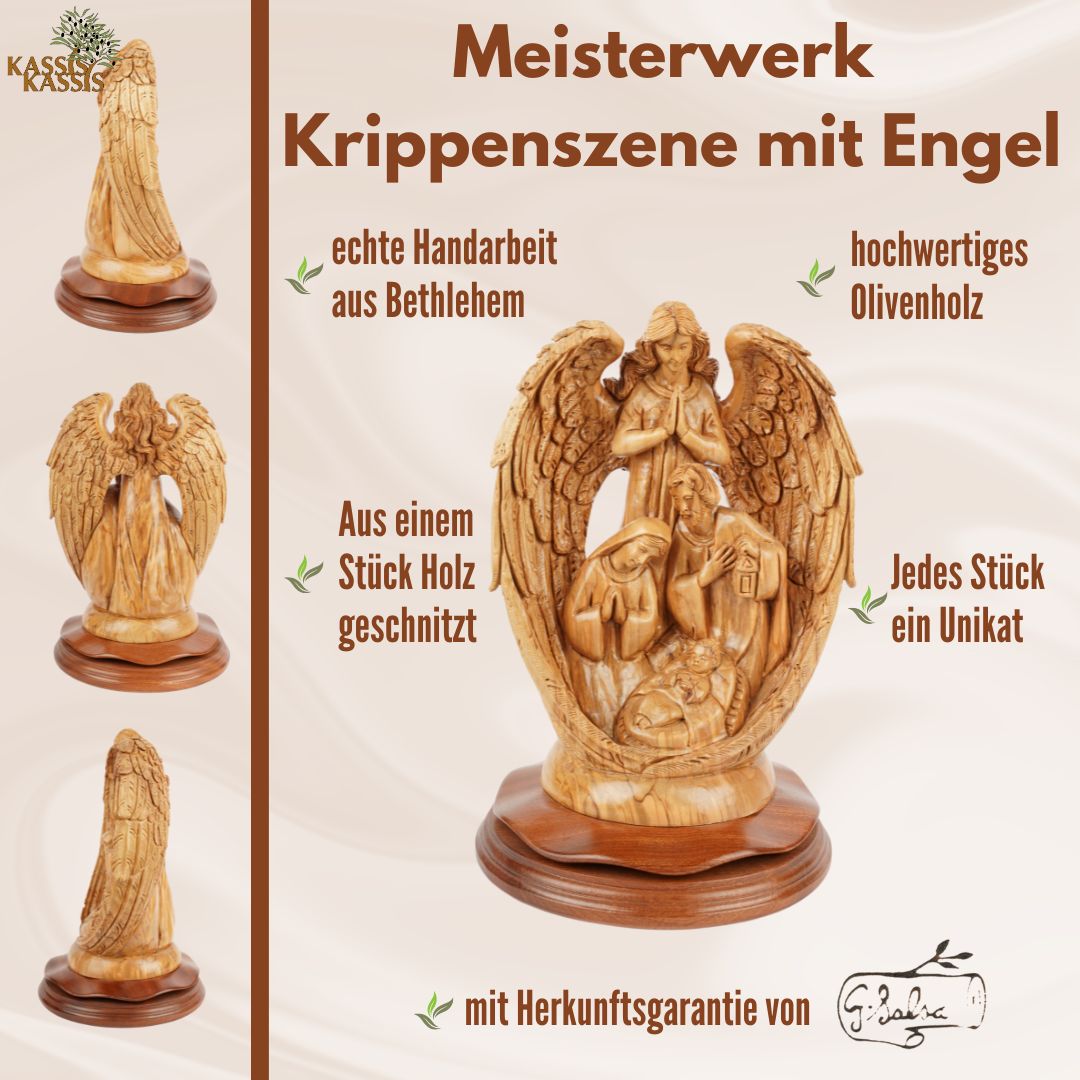 Hand-carved nativity scene with angel – olive wood sculpture from Bethlehem (30 cm)