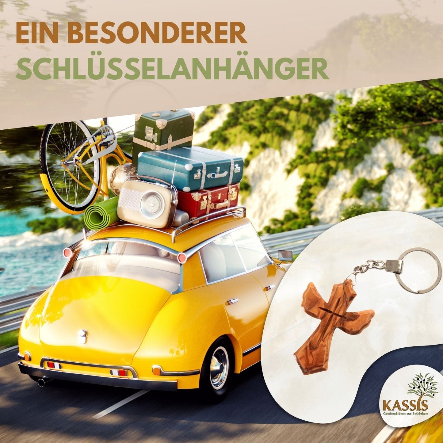 Schlüsselanhänger Kreuz in Engel-Form aus Olivenholz | Schutzengel Glücksbringer als Geschenk zur Taufe, Kommunion & Geburtstag