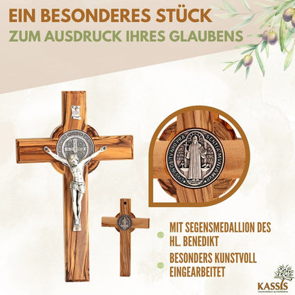 St. Benedikt Kreuz aus Olivenholz | Schutzkreuz als Wandkreuz & Geschenk zur Taufe, Kommunion oder Firmung